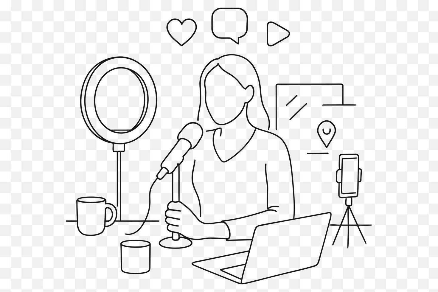 Content Creator Podcast Line Art Woman Streaming with Microphone, Ring Light Laptop Minimalist Illustration vector