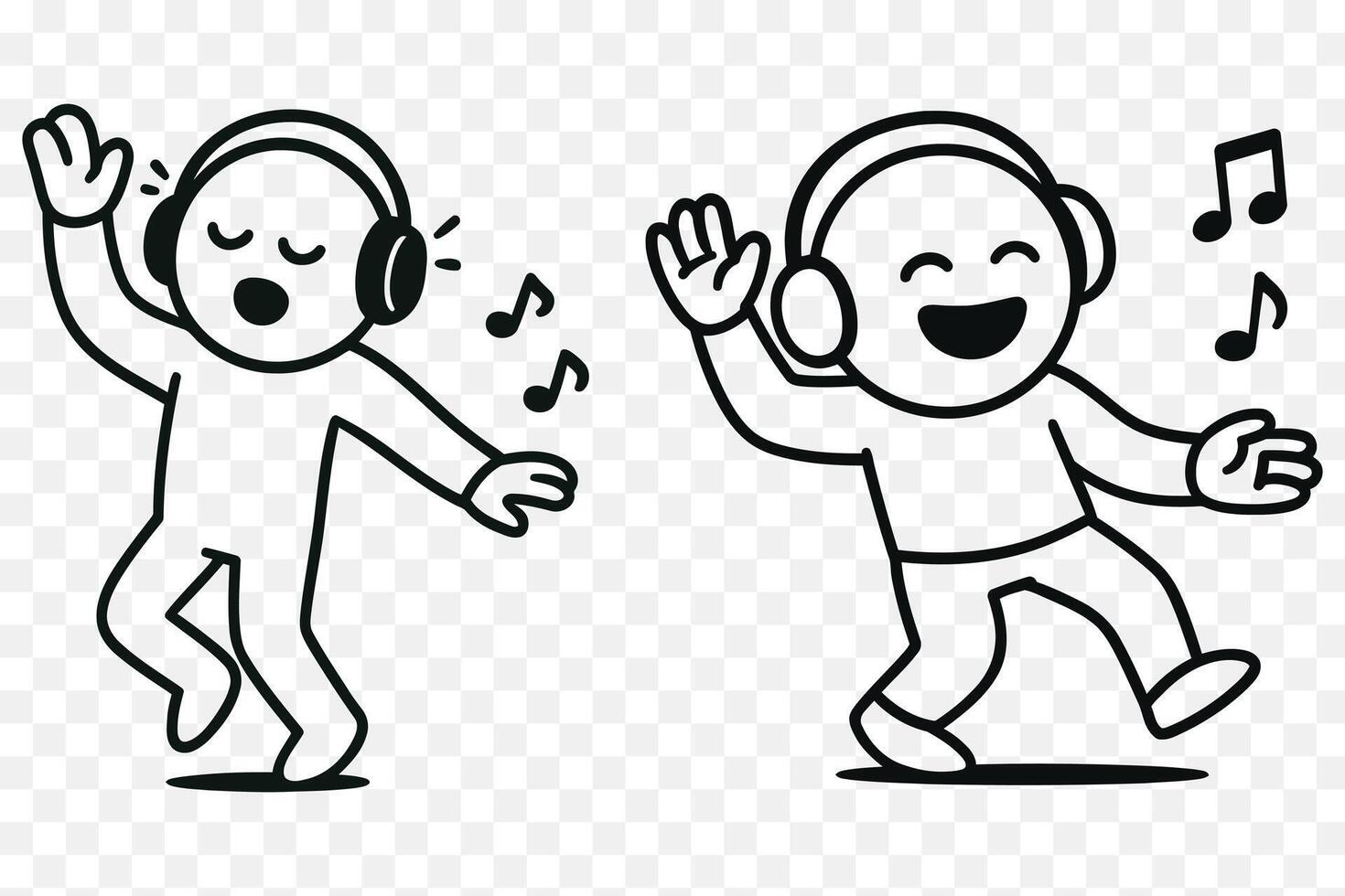 Happy Cartoon Characters Listening to Music with Headphones Fun Doodle Line Art vector