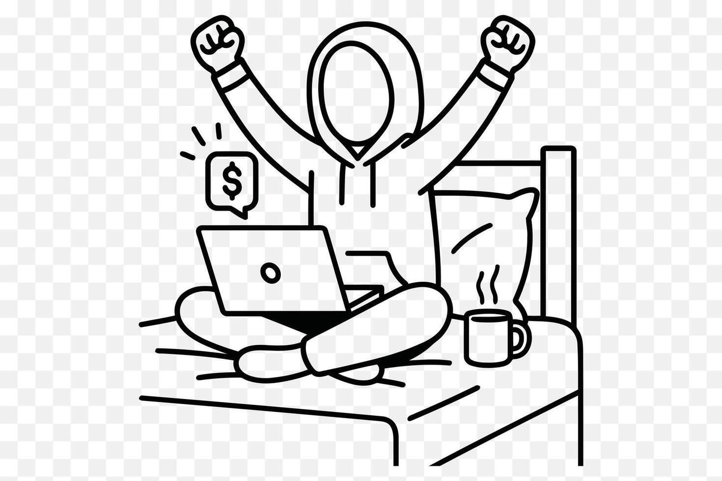 Online Earnings Celebration Freelancer Earning Money on Laptop in Bed Line Art vector