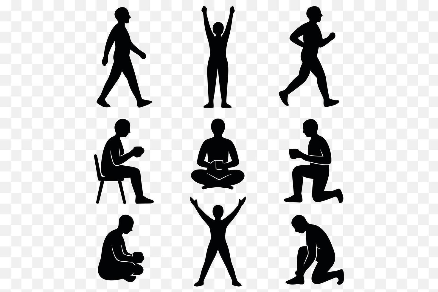 Mindful Movement Morning Routine Silhouettes Walking, Meditating, Coffee Time, Stretching Set vector