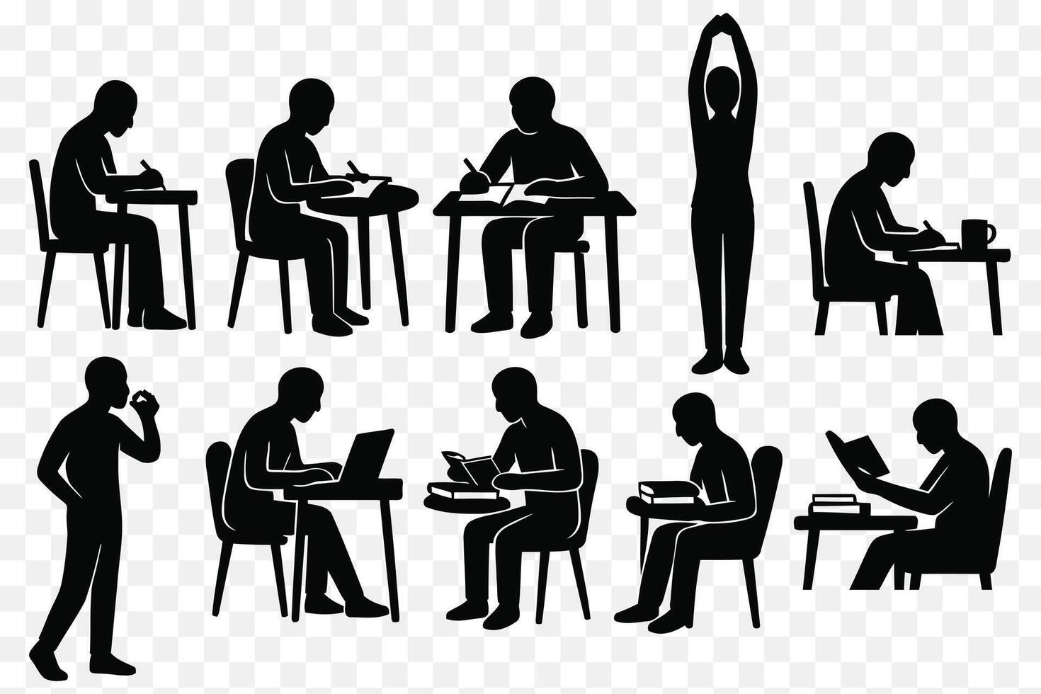 Study and Focus Routine Silhouette Set Reading, Writing, Laptop Work, Stretching, and Coffee Break Icons vector