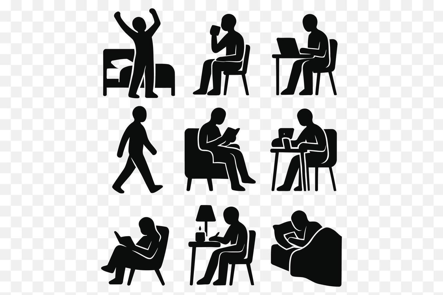 Daily Routine Silhouette Set Morning Wake Up, Reading, Working, and Evening Relaxation Icons vector