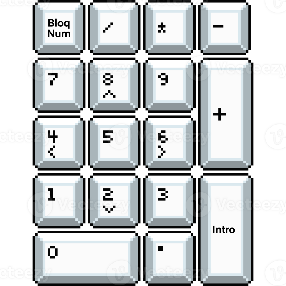 White numeric keypad keyboard in retro pixel art style. Pixel button with number pad png