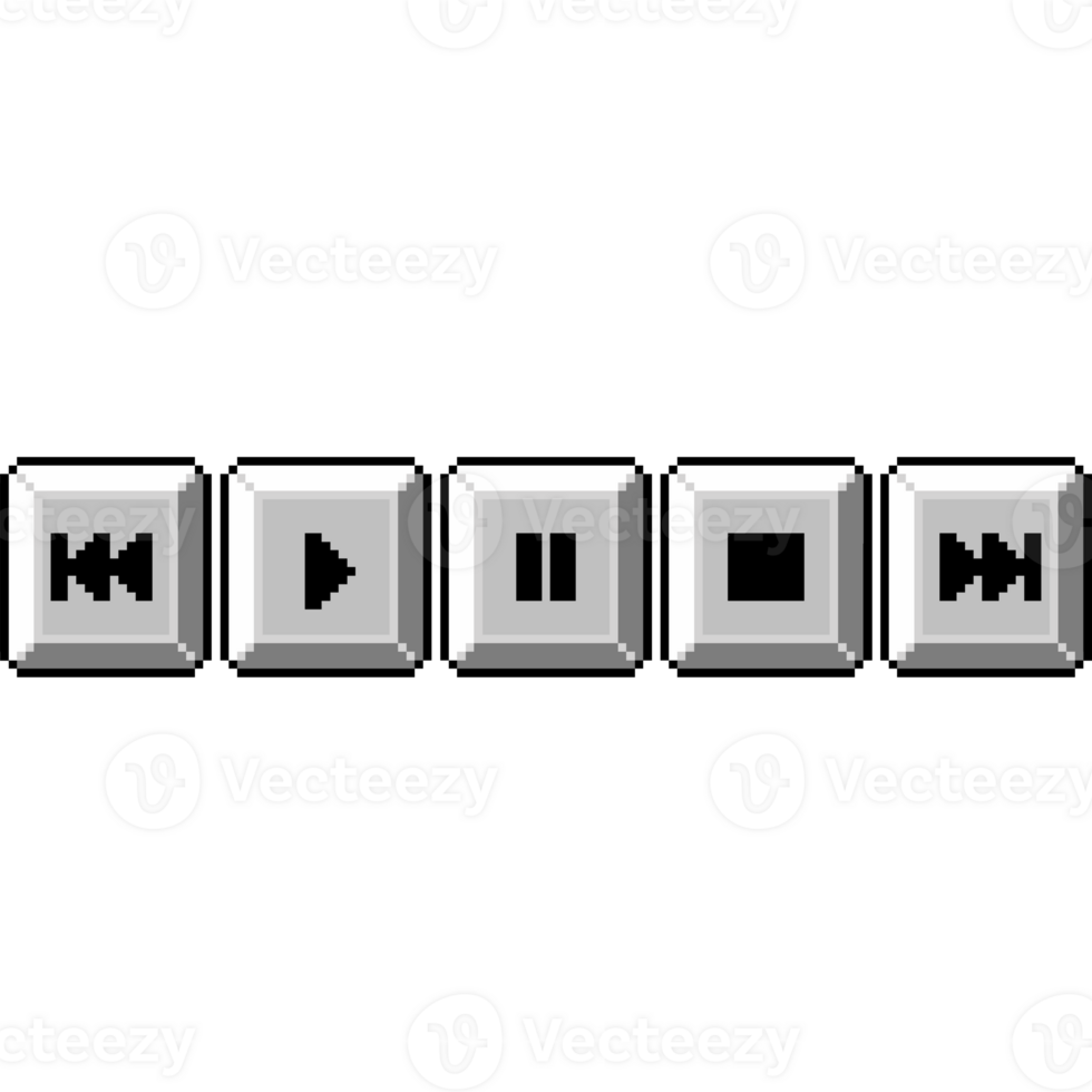 Media control buttons in retro keyboard style. Pixel art music control buttons png