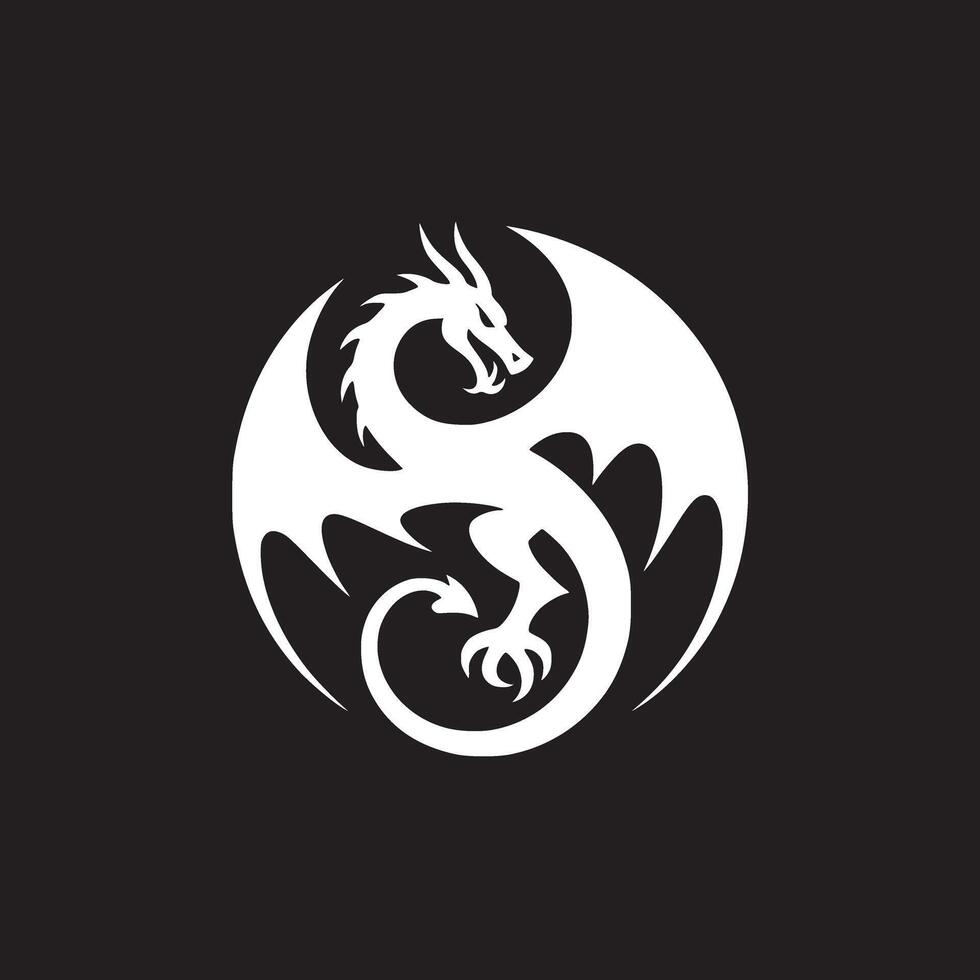 A white dragon with wings outstretched in a circular design against a black background image view vector