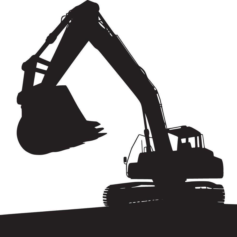 Silhouette of an excavator with raised boom and bucket against a plain white background in black and white vector