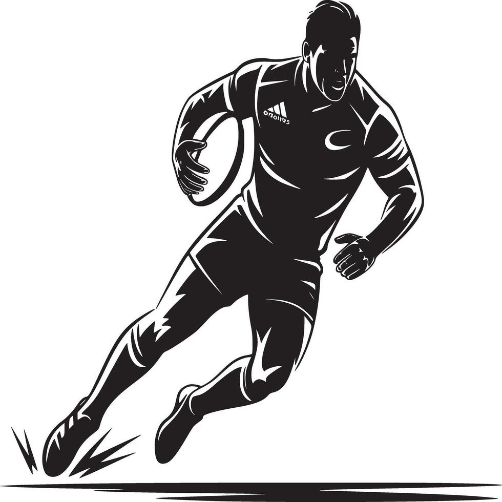 A black and white graphic illustration of a rugby player running with the ball in his hands quickly vector