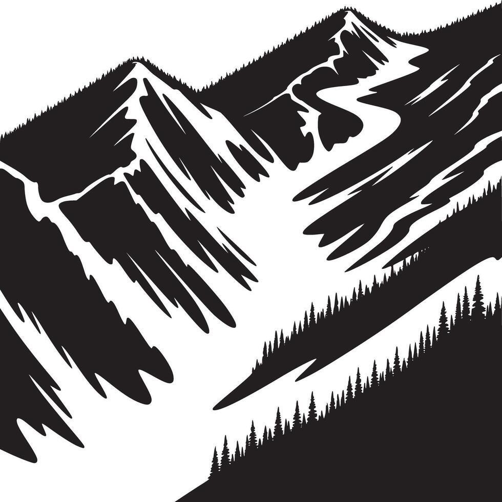 A monochrome illustration of mountain peaks with snow and a forest in the foreground scenery view vector