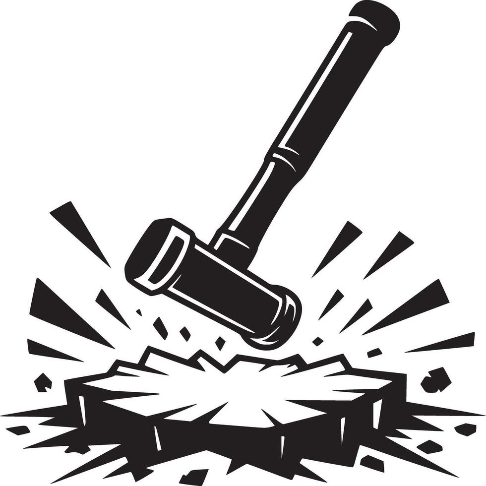 A black and white illustration of a hammer striking a rock surface with shards flying outwards around it vector