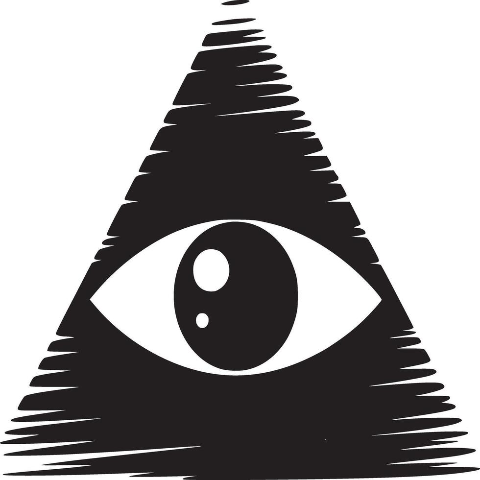A black and white illustration of an eye inside a triangle shape with a hatched texture design style vector
