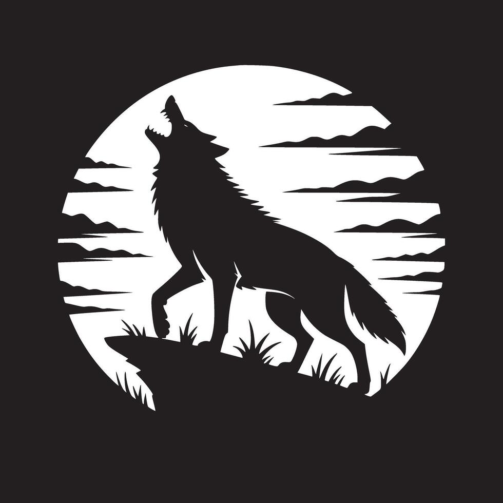 Silhouette of a wolf howling at the moon on a cliff with clouds in the background in black and white vector