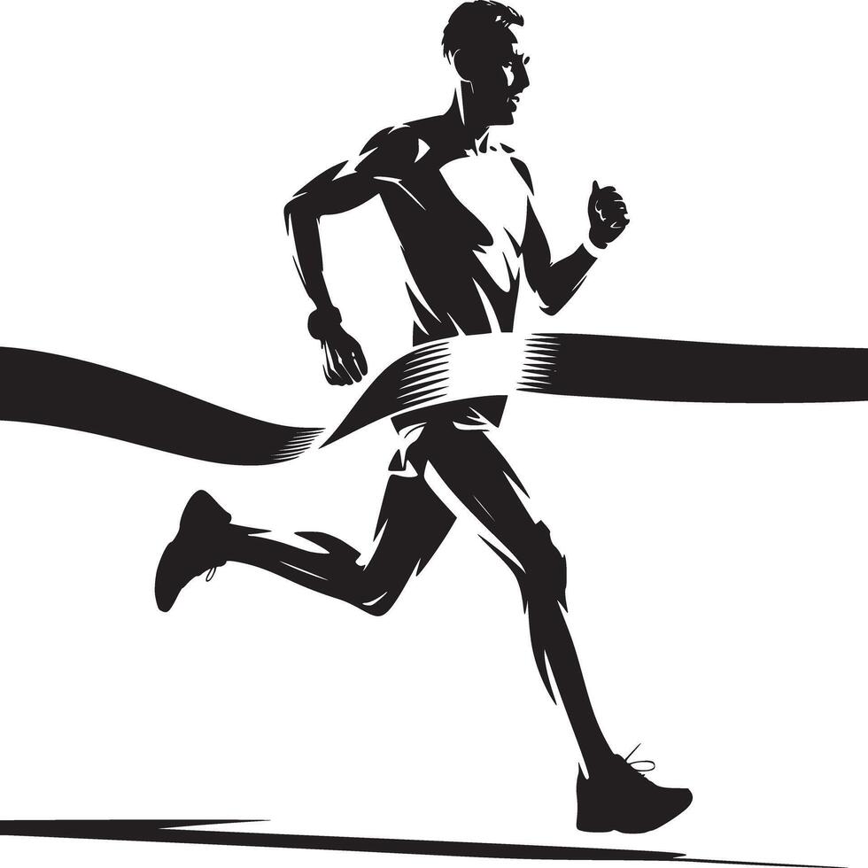 Silhouette of a runner breaking the finish line tape in a black and white illustration style art vector
