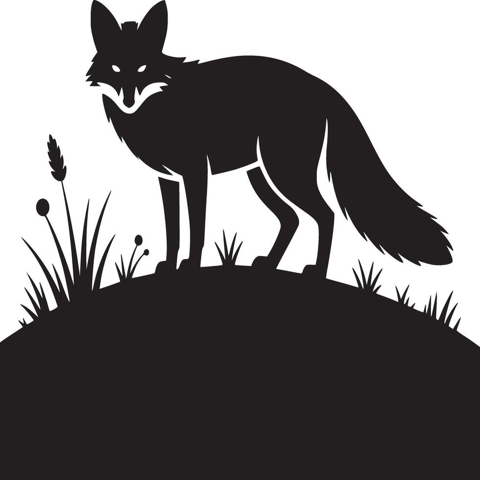 A black silhouette of a fox standing on a hill with grass against a white background in a simple style vector