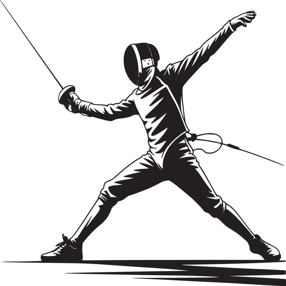 A black and white illustration of a fencer in action with a sword on a white background illustration vector
