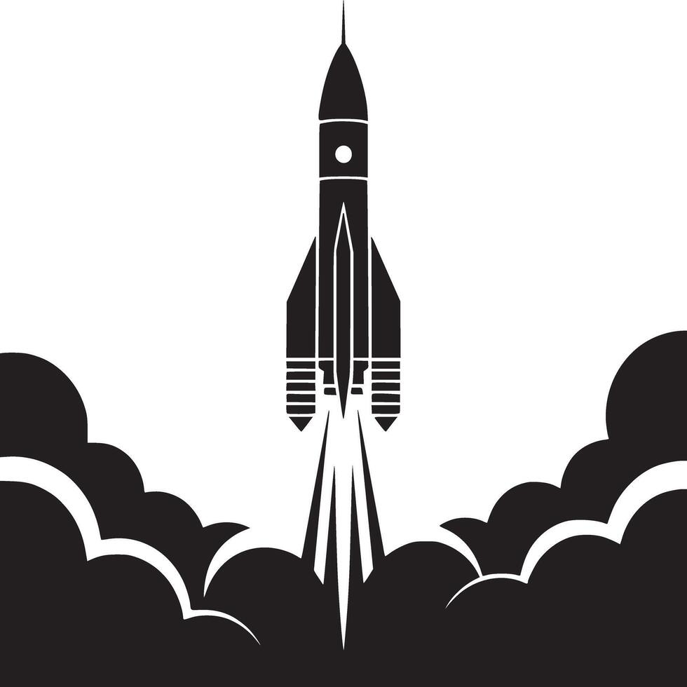 Black and white illustration of a rocket launching with smoke clouds on a white background vector