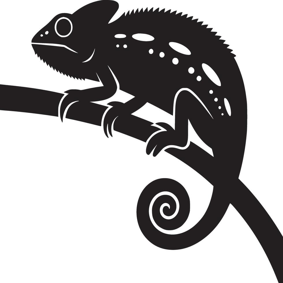 A black silhouette of a chameleon on a branch with a curled tail on a white background illustration vector