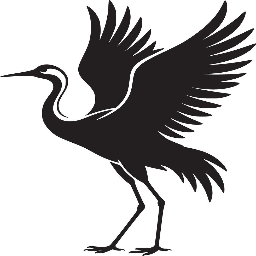 Silhouette of a crane standing with its wings partially spread against a light background art vector