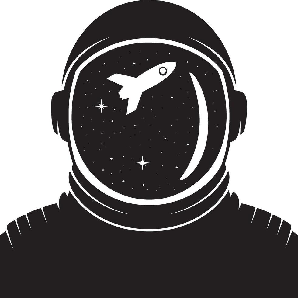 Black and white illustration of an astronaut helmet with a rocket and stars inside the visor vector