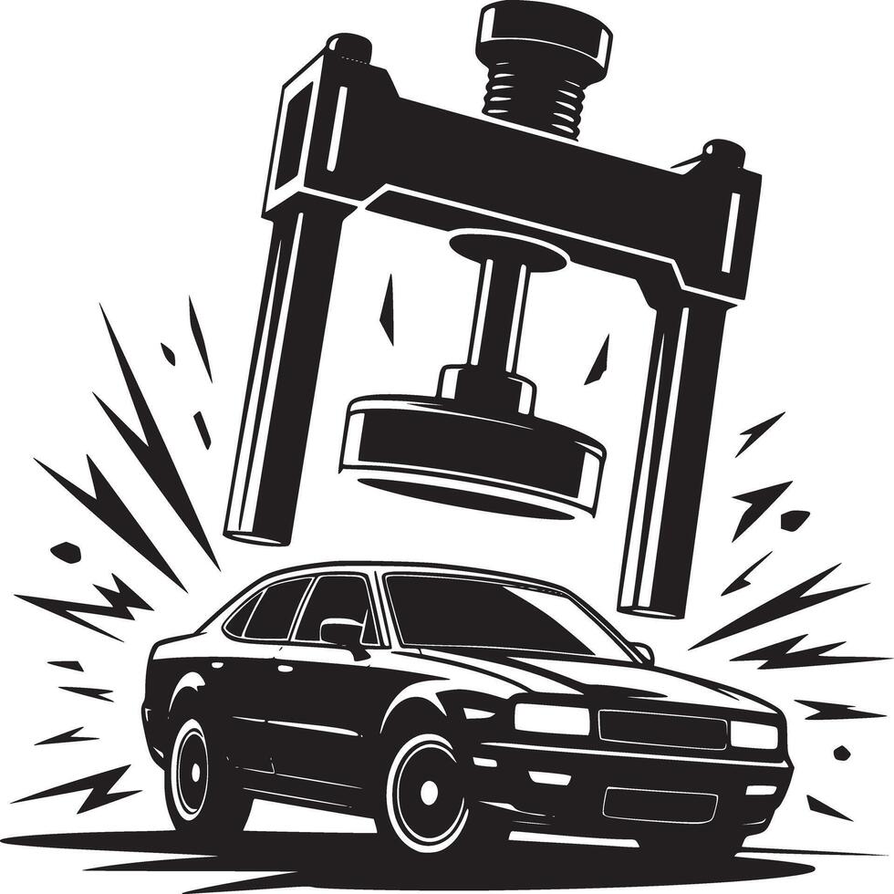 Black and white graphic of a car being crushed by a large hydraulic press with impact lines around it vector