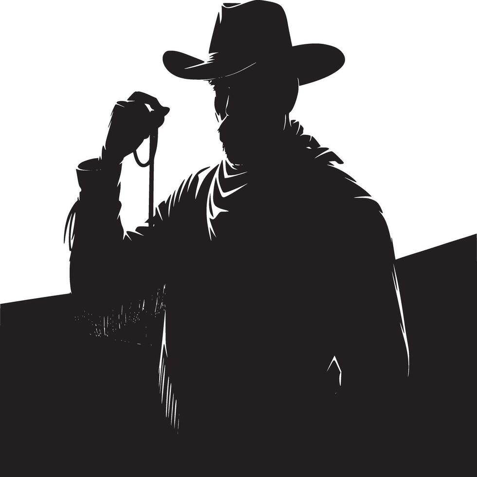 Silhouette of a cowboy in a hat holding a rope with mountains in the background in black and white vector