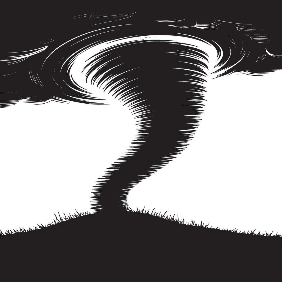 A monochrome illustration of a tornado touching down on a dark grassy hill against white sky background vector