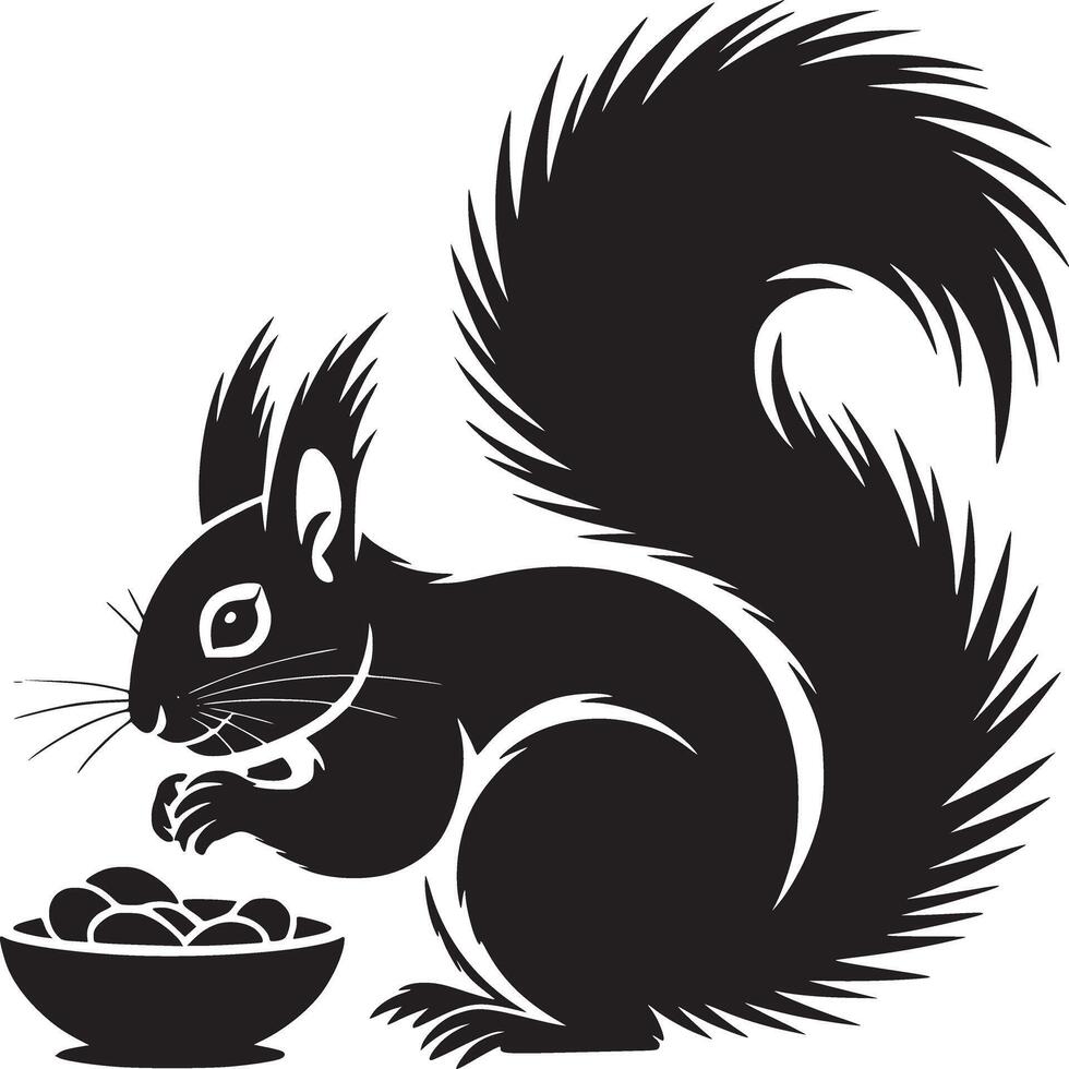 A black squirrel eating from a bowl of nuts in a stylized graphic on a white background art vector