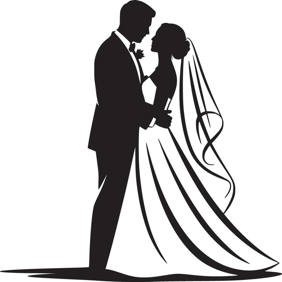 Silhouette of a bride and groom embracing each other during their wedding ceremony on a white background vector