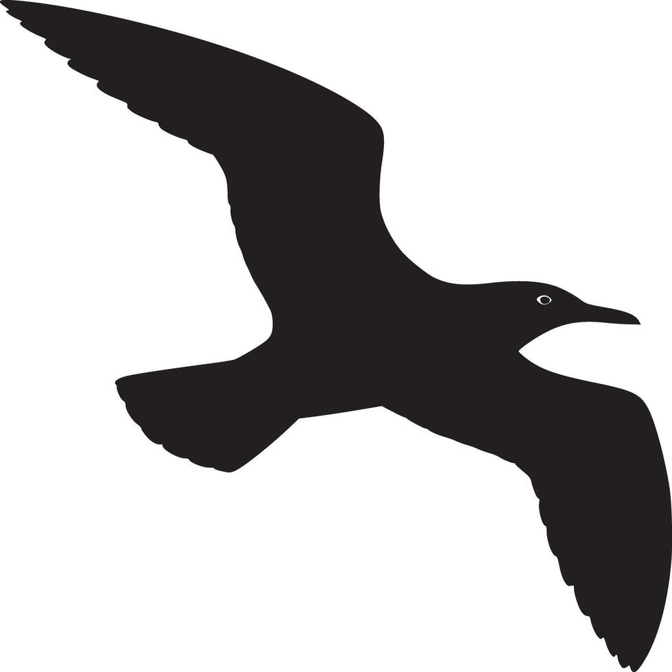 A silhouette of a bird in flight against a light background with its wings spread wide open and eye visible vector