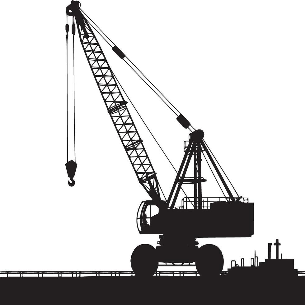 Silhouette of a large crane with a hook against a city skyline in a monochromatic illustration vector