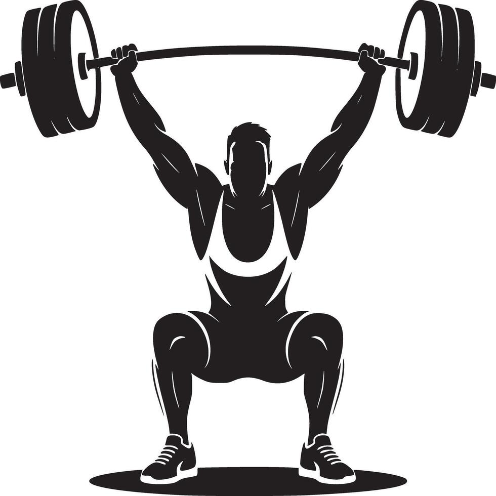 Silhouette of a weightlifter performing a squat with a barbell overhead in a black and white image vector