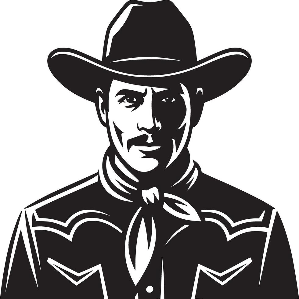 A black and white illustration of a cowboy wearing a hat and a neckerchief with a stern look vector