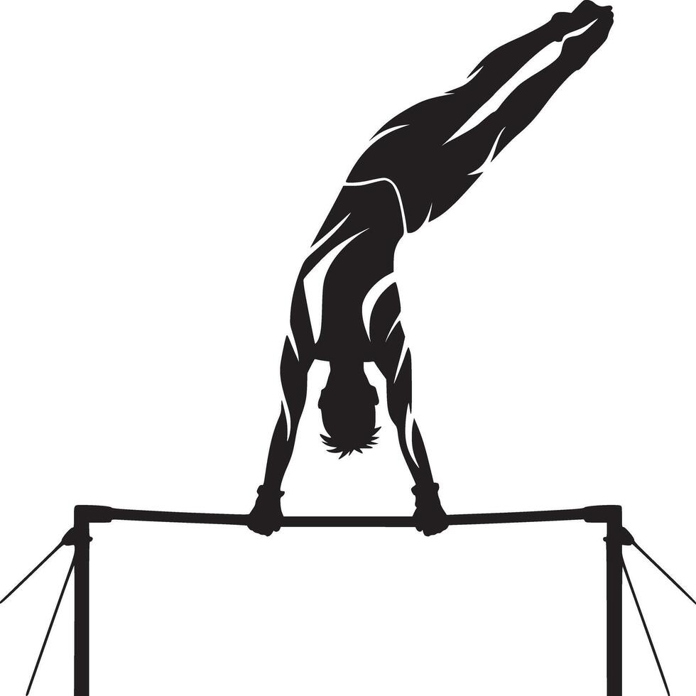 Silhouette of a gymnast performing a handstand on a high bar with a white background in a studio vector
