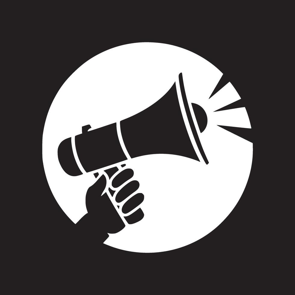 A black and white graphic of a hand holding a megaphone inside of a white circle design element vector