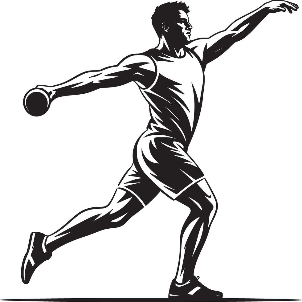 A black and white illustration of a man throwing a shot put in a dynamic pose action shot vector