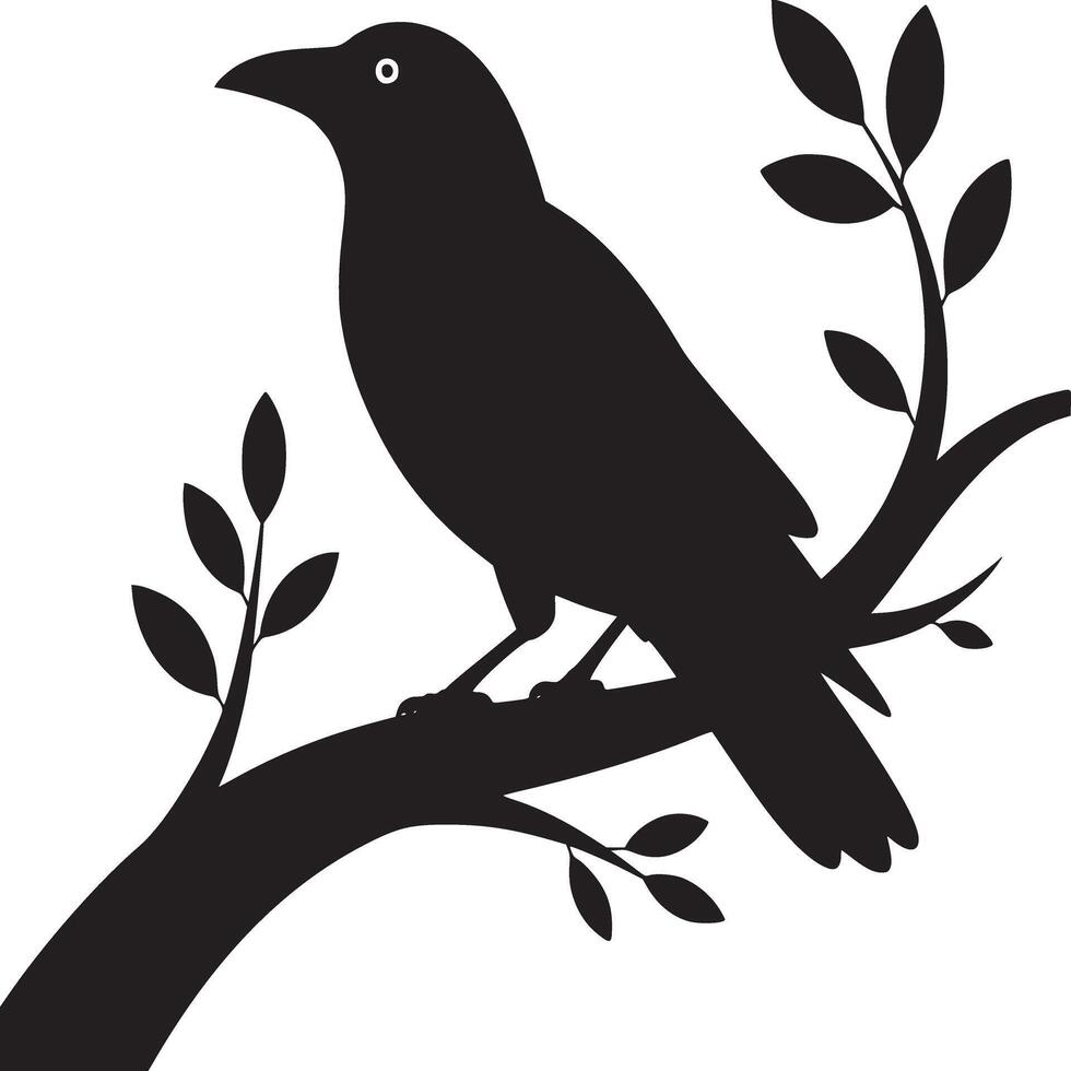 A silhouette of a crow perched on a branch with leaves against a light gray background art design vector