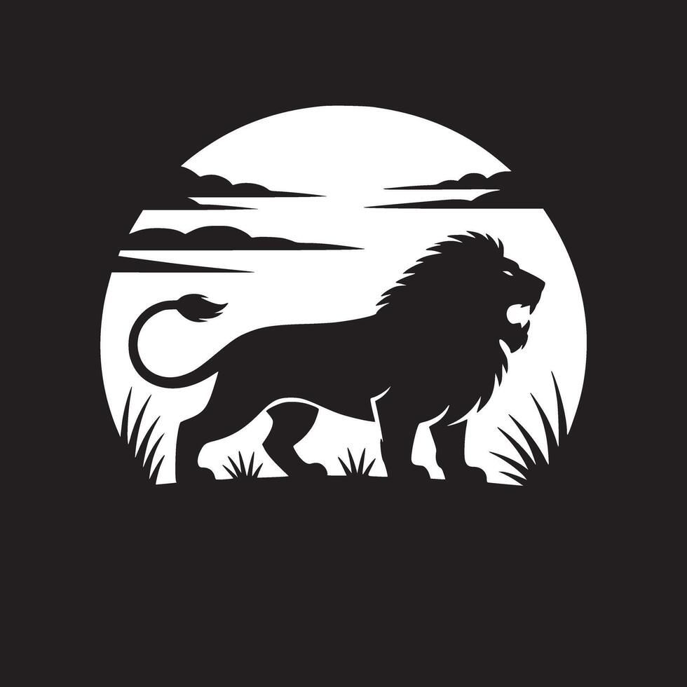 A black and white silhouette of a roaring lion in front of a sun with clouds and grass at the bottom vector