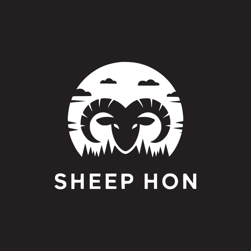 White sheep head logo with horns and grass on a black background with sheep hon text below vector