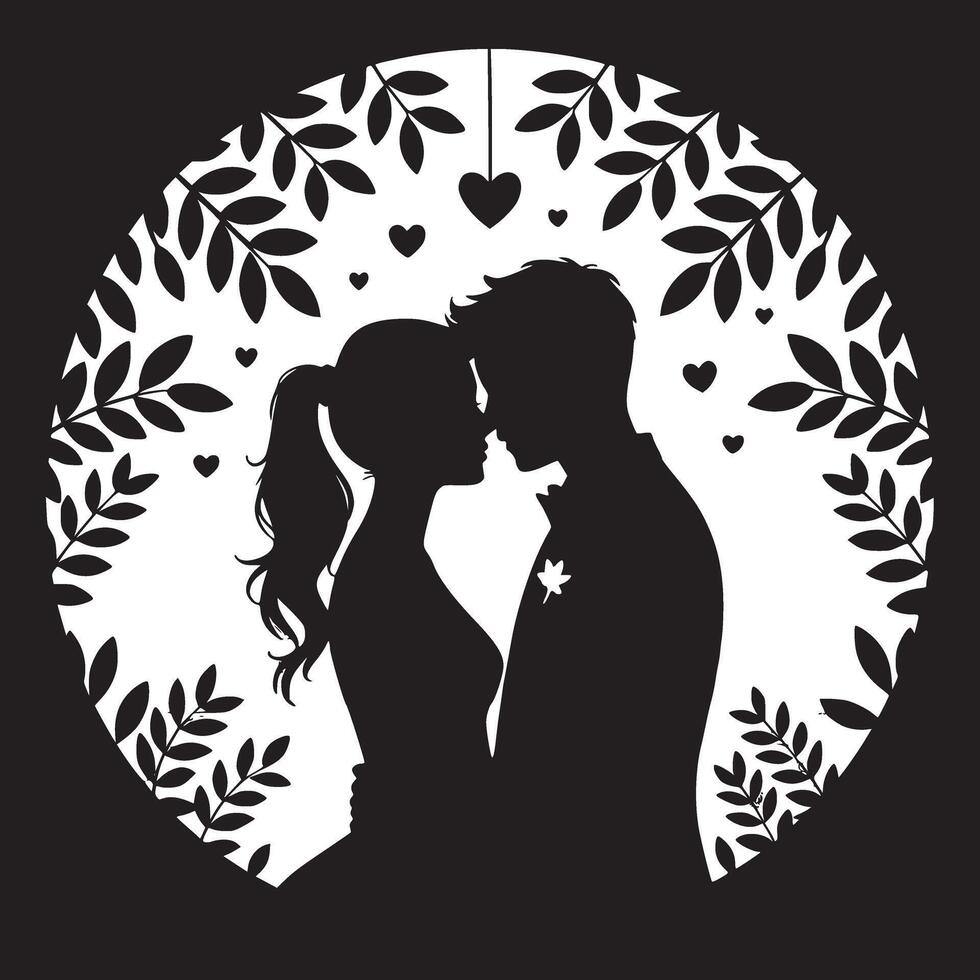 Silhouette of a couple embracing with hearts and leaves against a sunset background in a circle shape vector