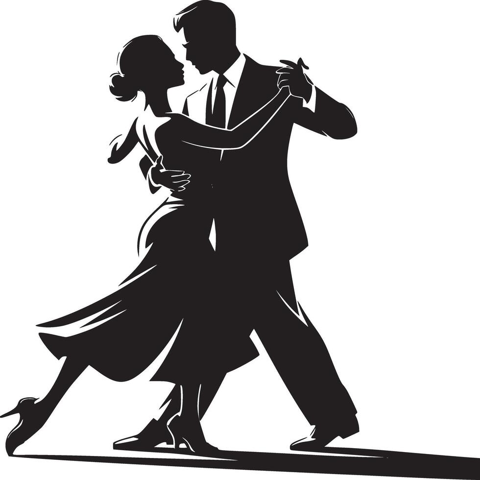 Silhouette of a couple dancing tango with elegant posture and dramatic lighting on a white background vector