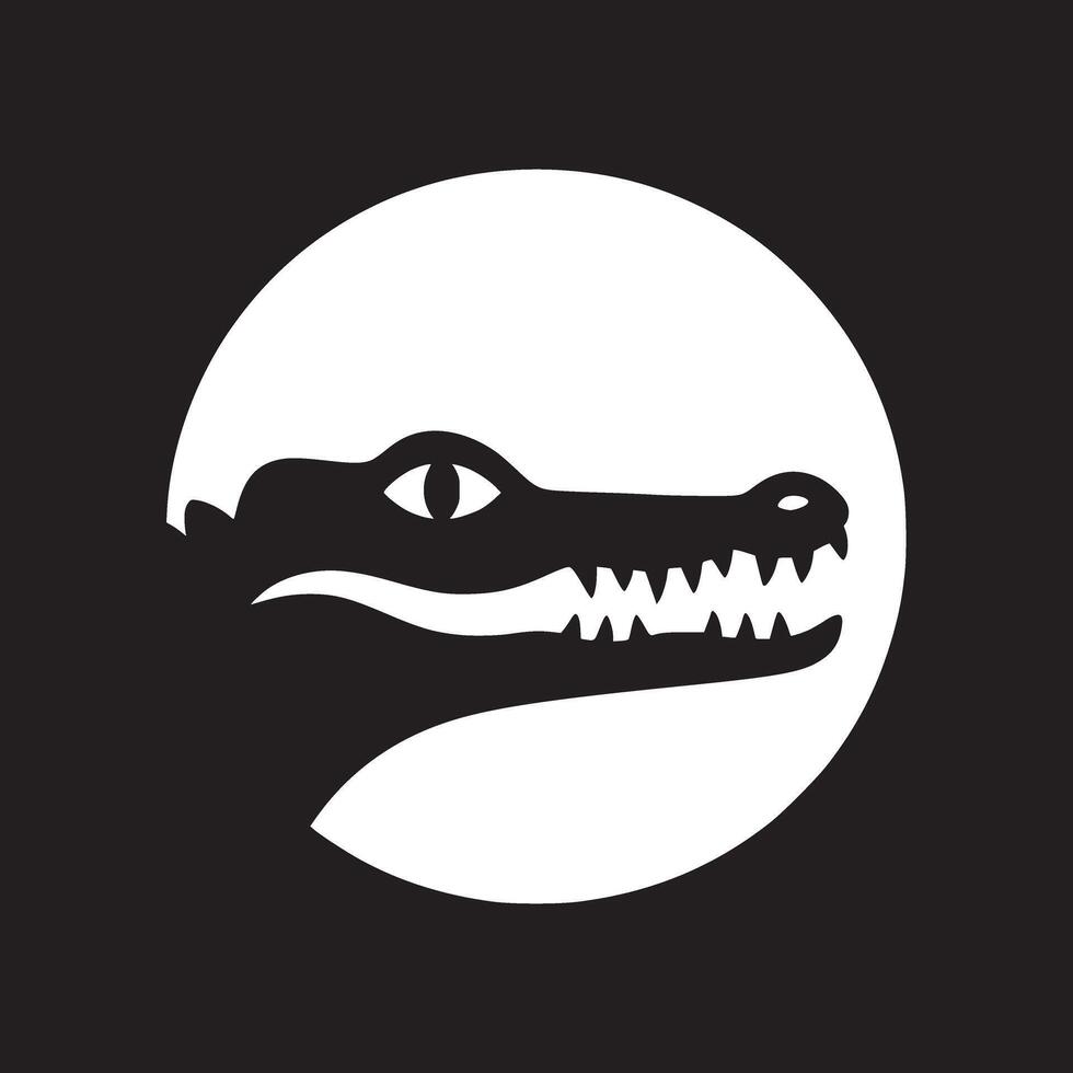 An alligator head silhouette with teeth against a white circle on a black background art vector
