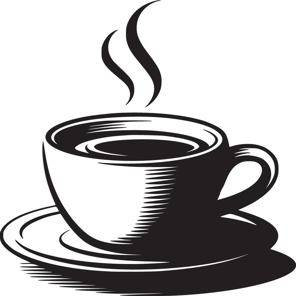 A black and white drawing of a coffee cup with steam on a saucer simple and elegant design vector