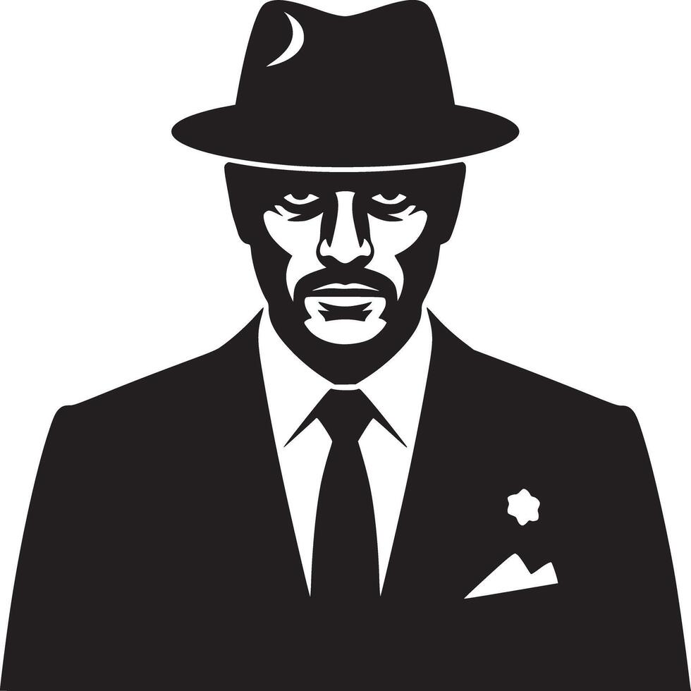 A stern man in a suit and hat with a moon design in black and white illustration style art vector