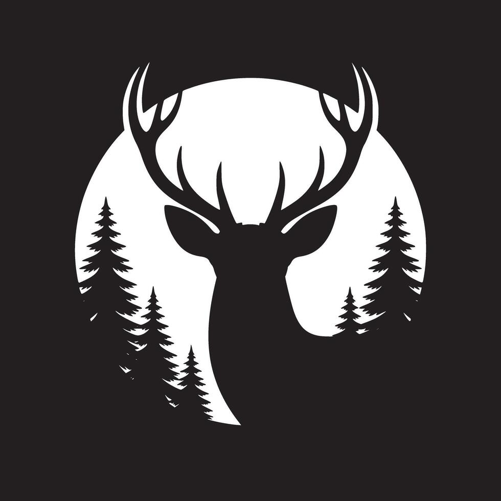 Silhouette of a deer with antlers and trees against a white circular background in black and white vector