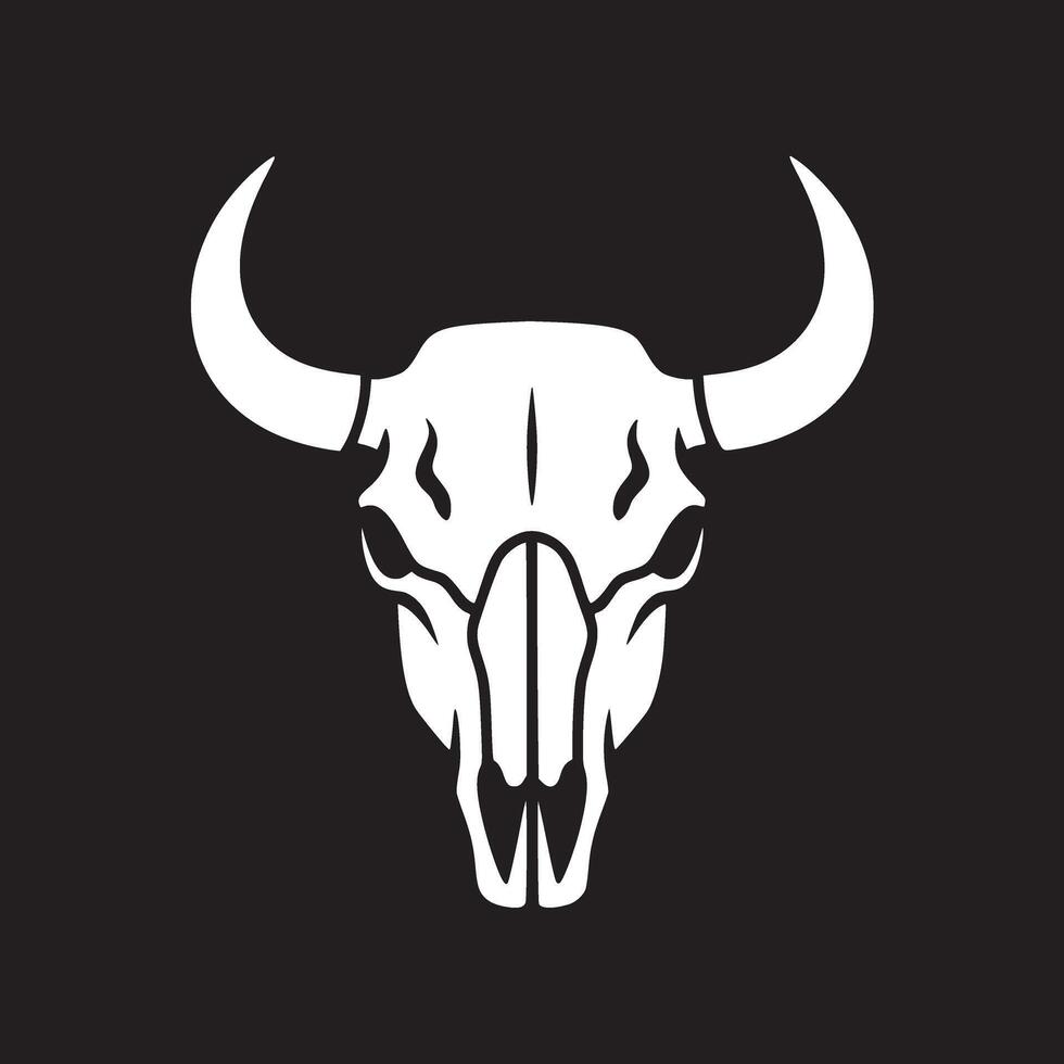 White bull skull with horns isolated on a black background in a minimalist style design graphic vector