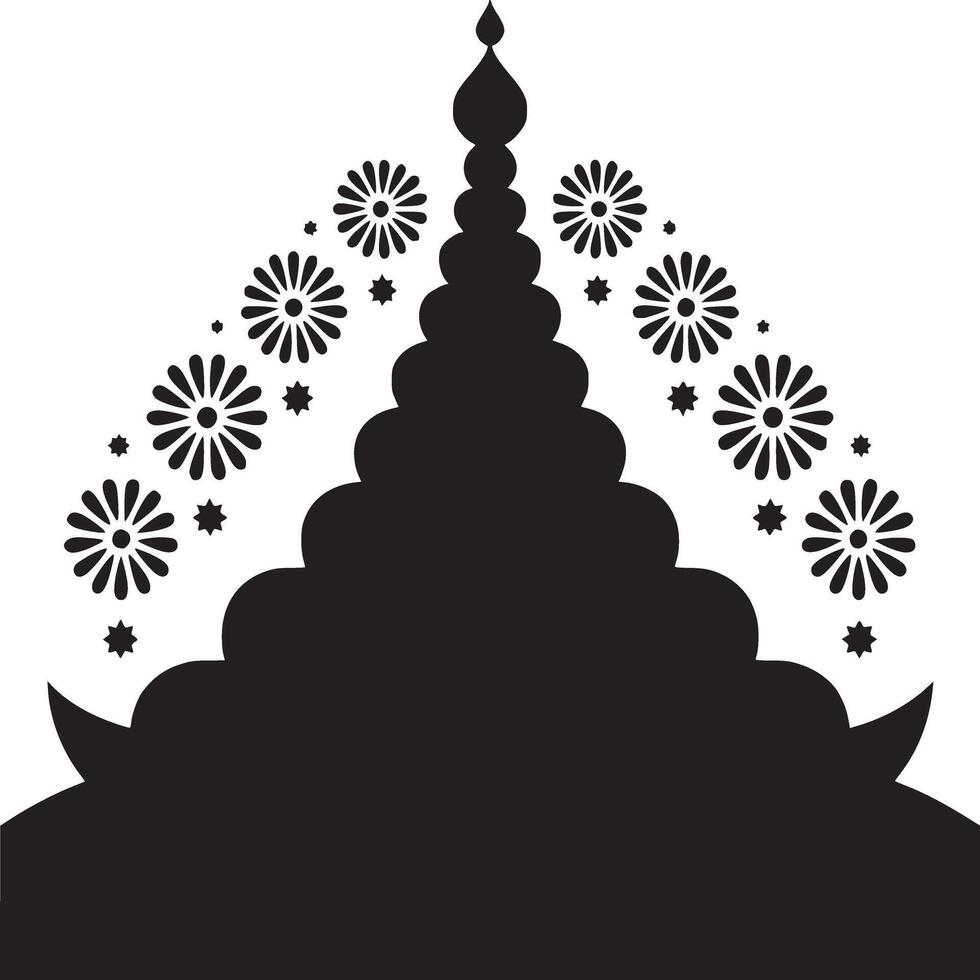Black silhouette of layered structure with flower and star accents on a white background design art vector