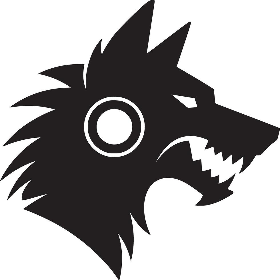 A stylized black wolf head with sharp teeth and a circle design on its head in a graphic vector