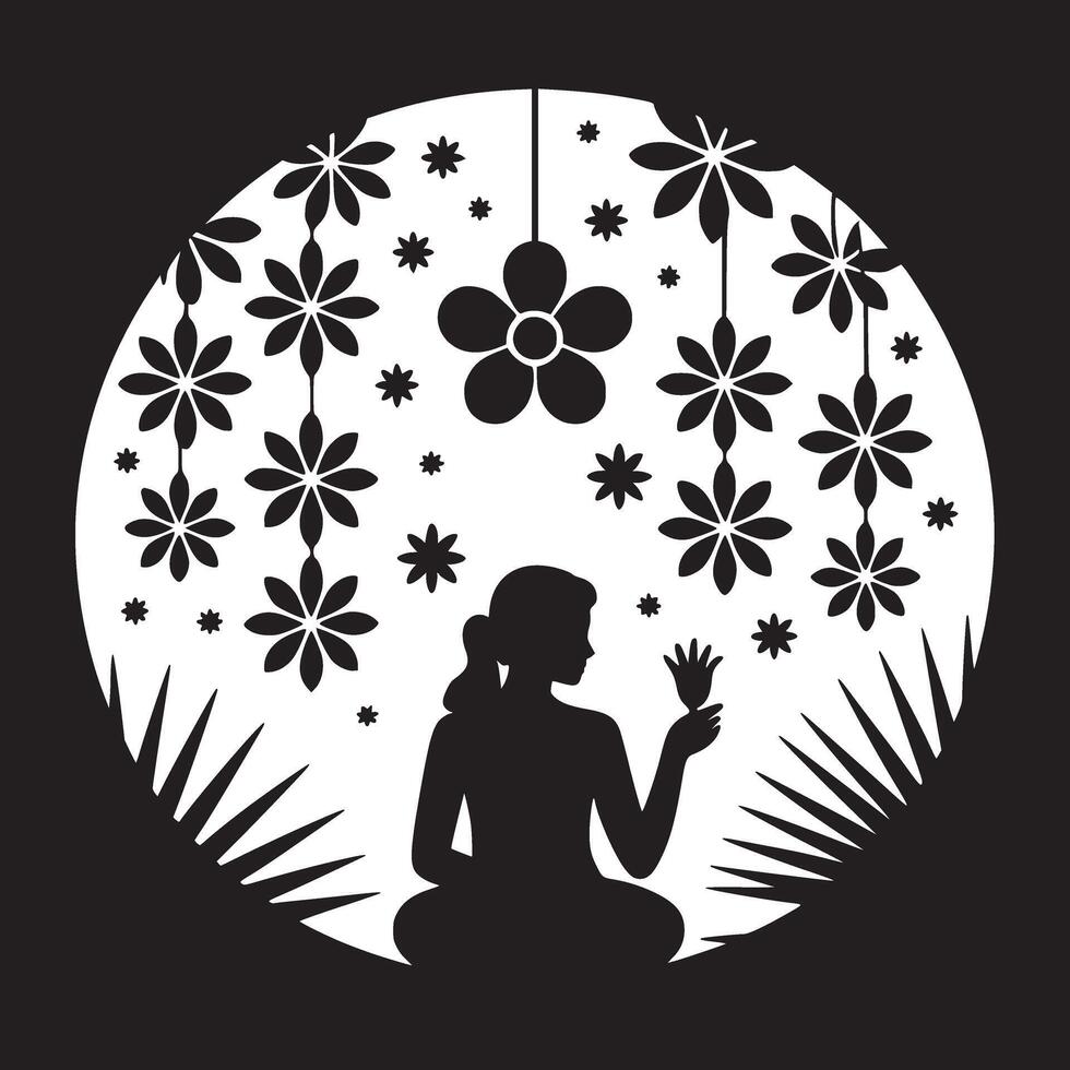 Silhouette of a woman with flowers in a circle against a black background in a minimalist style vector