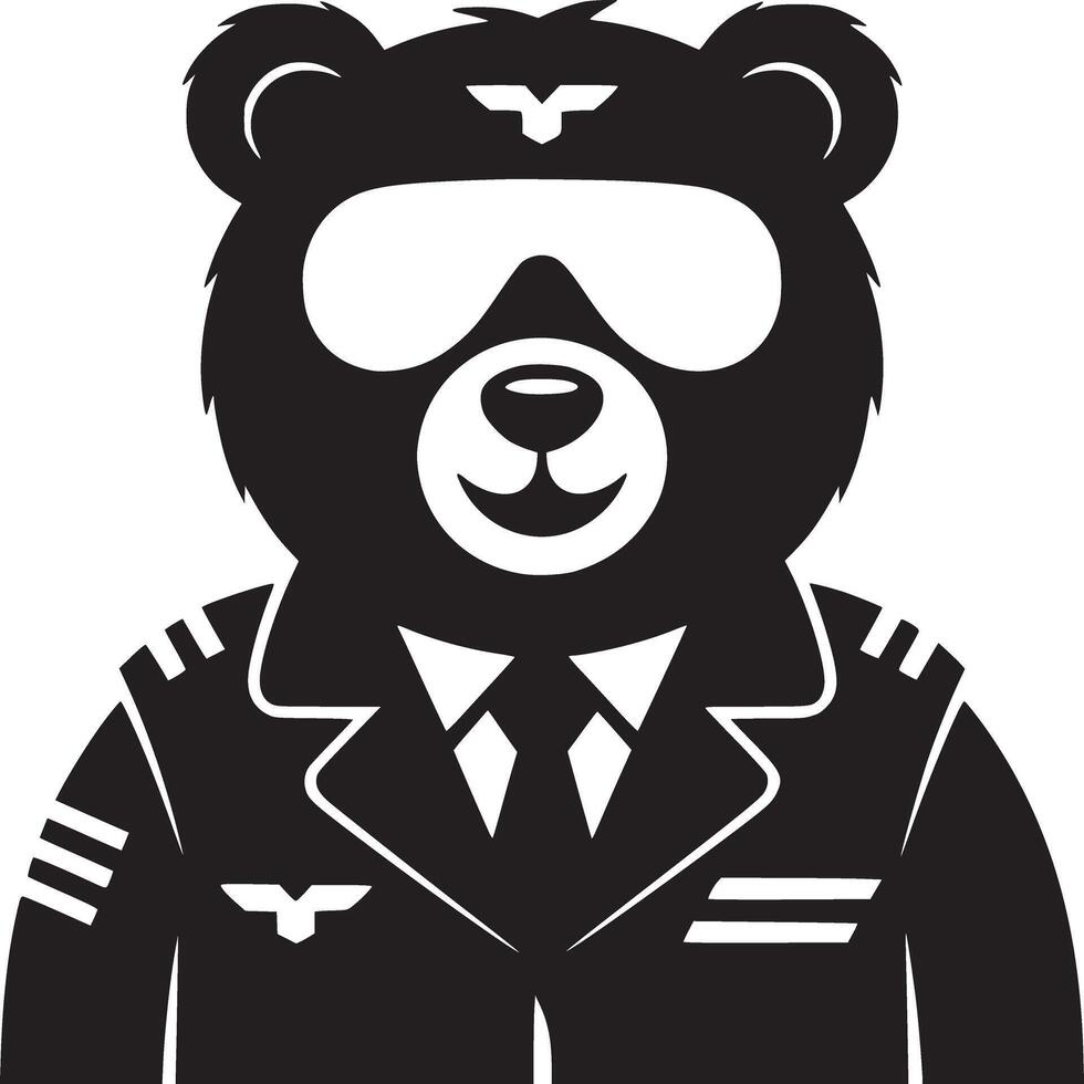 A black and white illustration of a bear dressed as a pilot with aviator glasses on its head vector