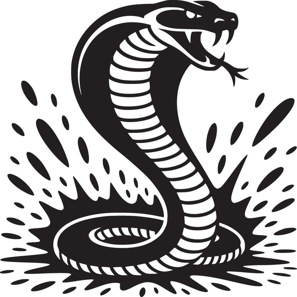A striking monochrome illustration of a cobra rising up with water splashes and its mouth open wide vector