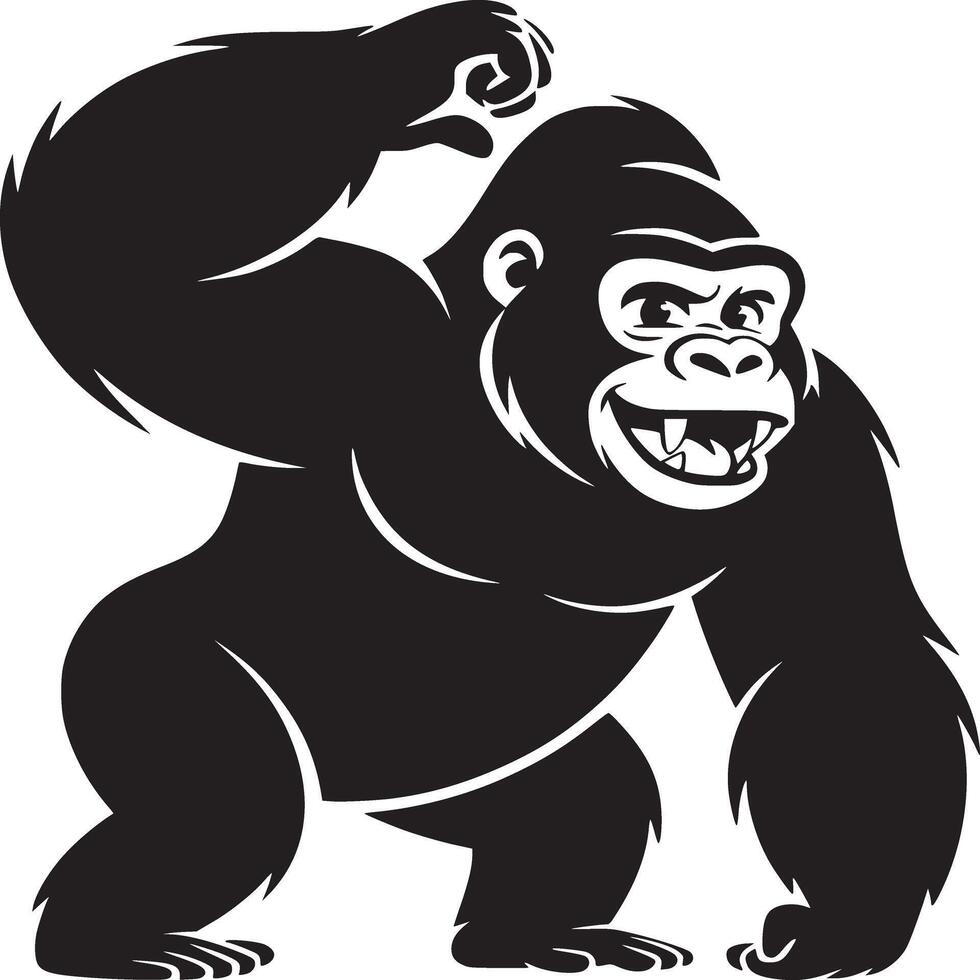 A black and white illustration of a gorilla flexing its arm with a smiling expression on its face vector